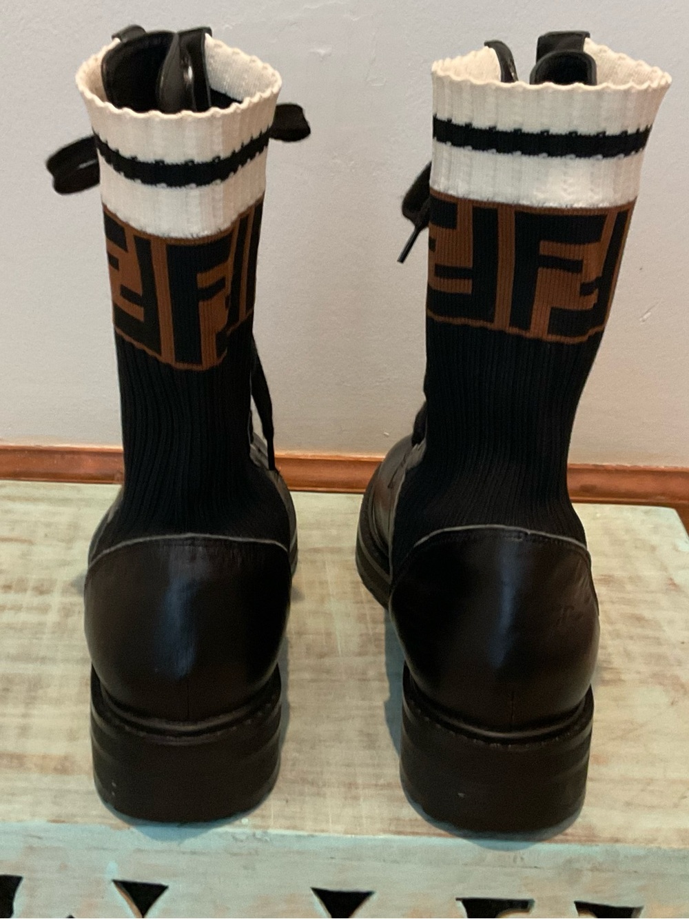 Fendi Black Leather Combat Boots with Monogram Knit Cuff - Picture 5 of 7